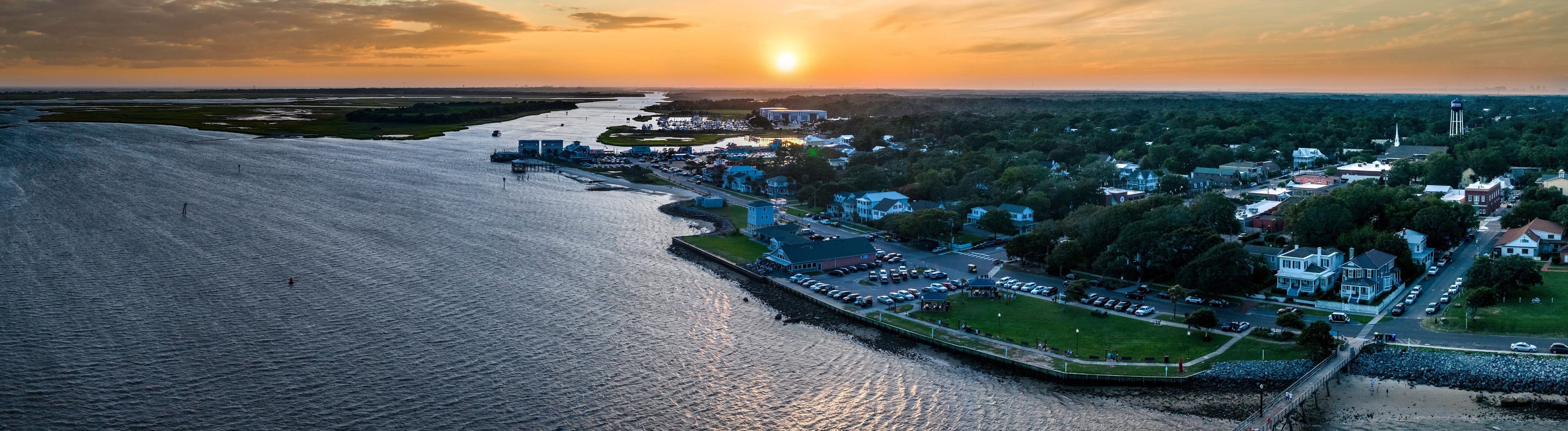 Aerial sunset view of Southport NC waterfront