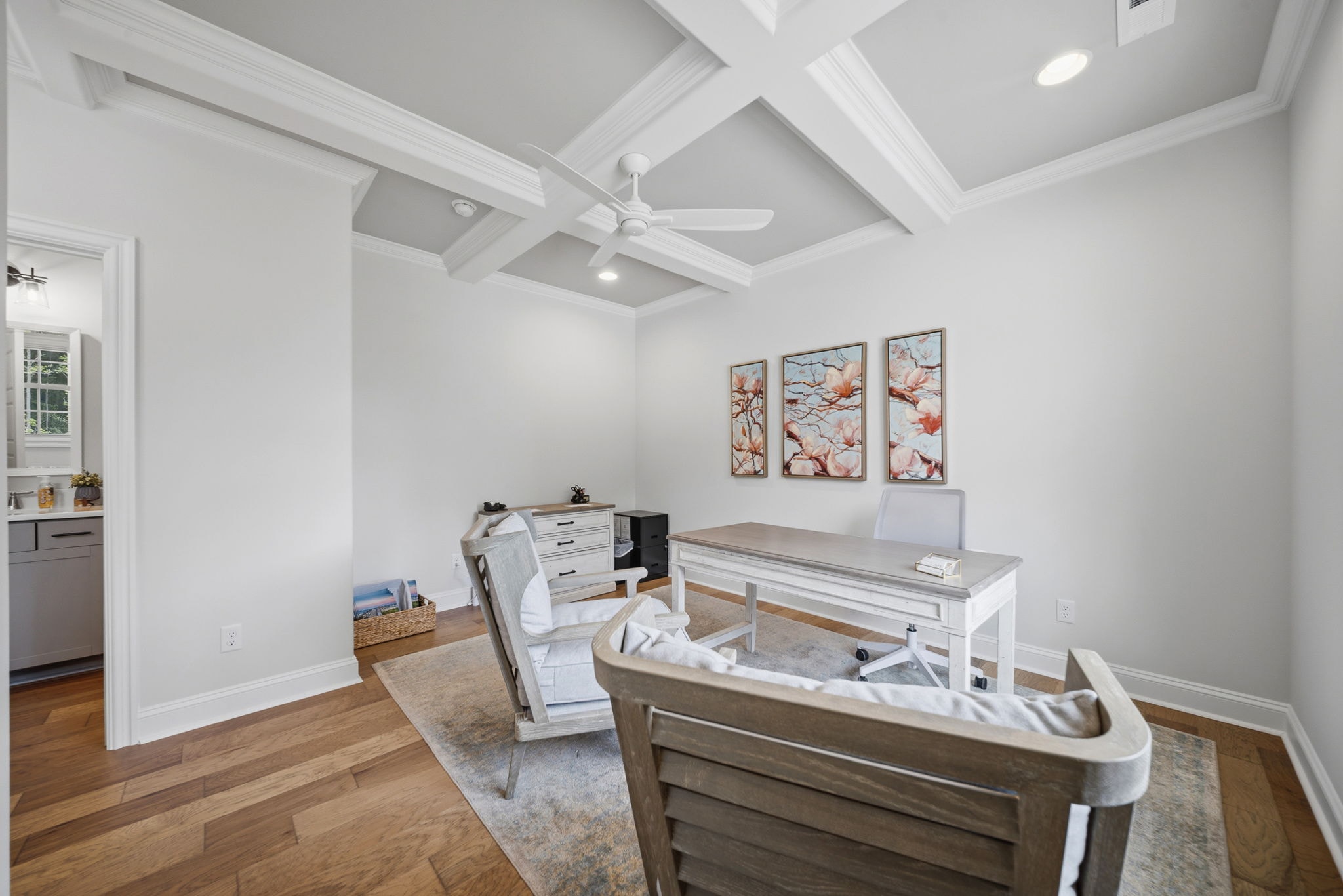 Pine Island home office with coffered ceiling