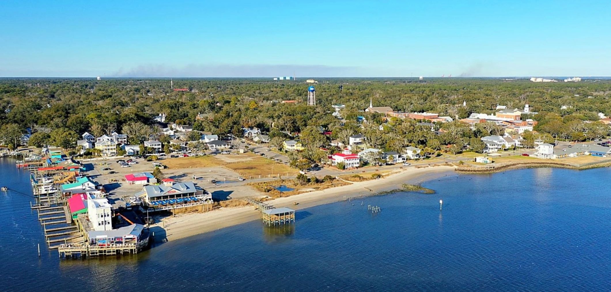 Aerial view of coastal waterfront community